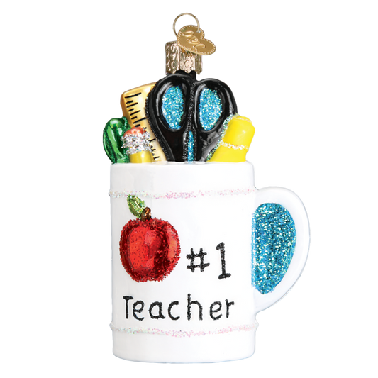 Hand Blown, Hand Painted Glass Christmas Ornament (#1 Teacher Mug)