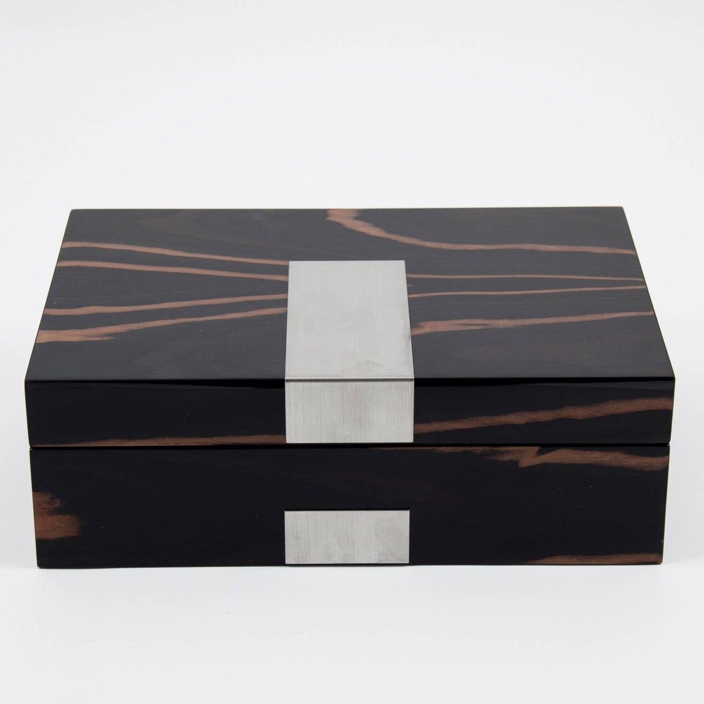 Lacquered "Ebony" Burl Wood Valet Box with Stainless Steel