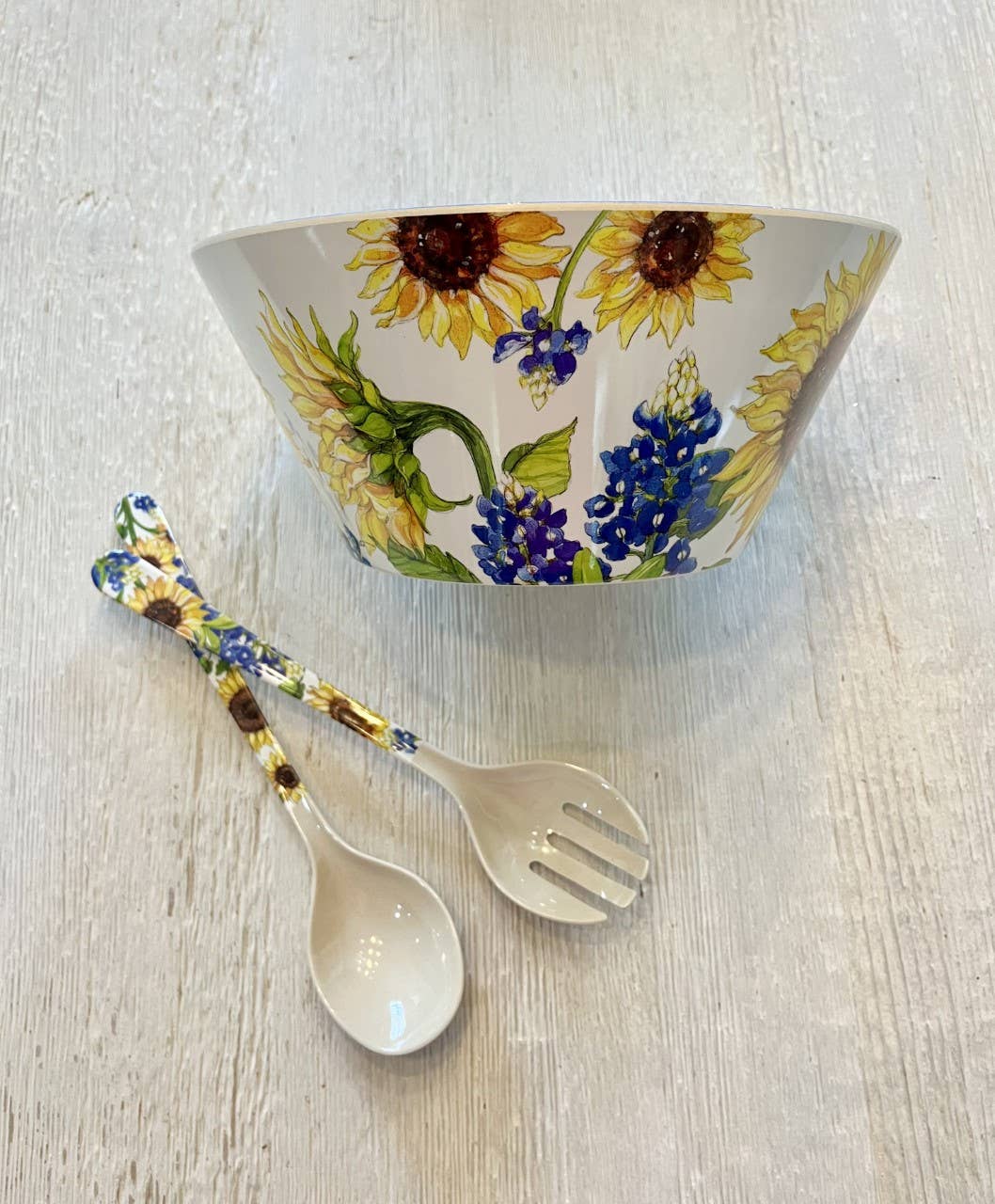 Sunflower & Bluebonnets Floral Bamboo Serving Salad Bowl and Servers