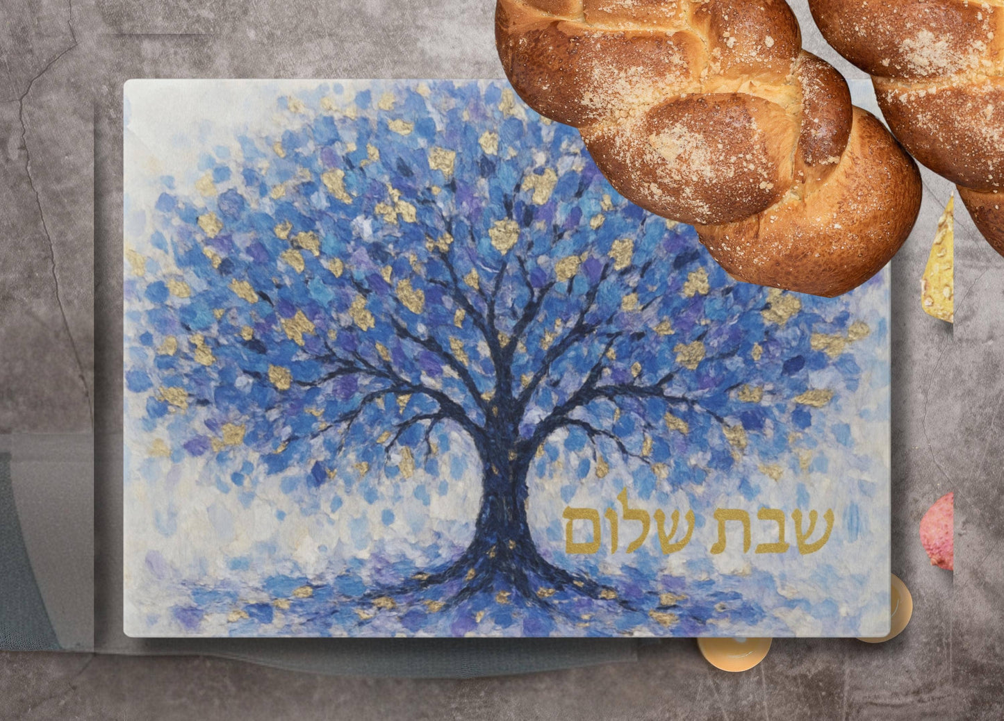 Impressionist Blue & Gold Tree of Life Challah Board