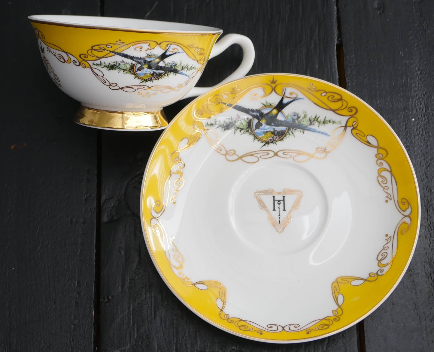 Yellow bird insult teacup and saucer: Kindly fuck off