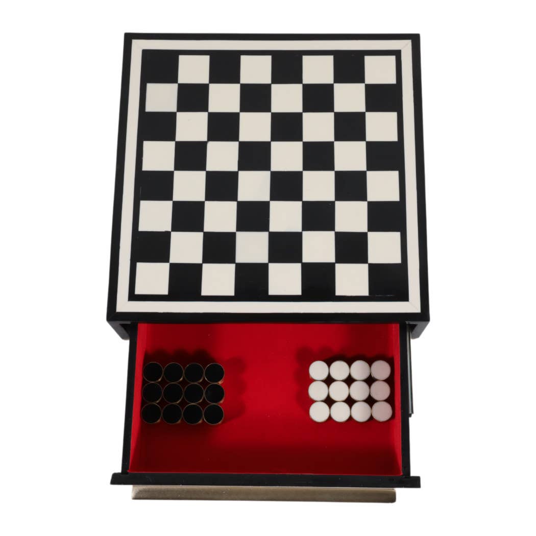 Game Set - Black/Ivory Resin Checkers with Drawer, 15 in.