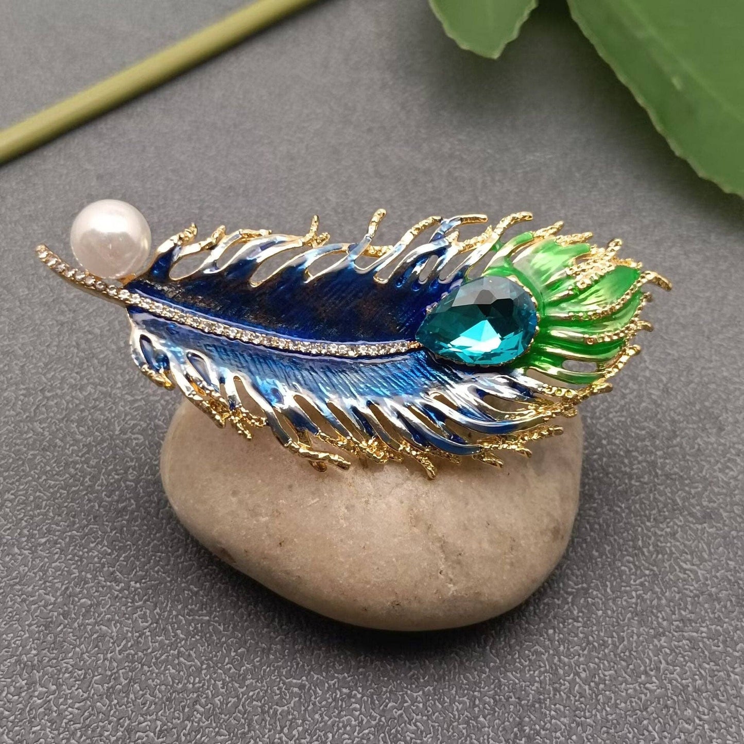 Inlaid Glass & Pearl Enamel Metal Feather Brooch