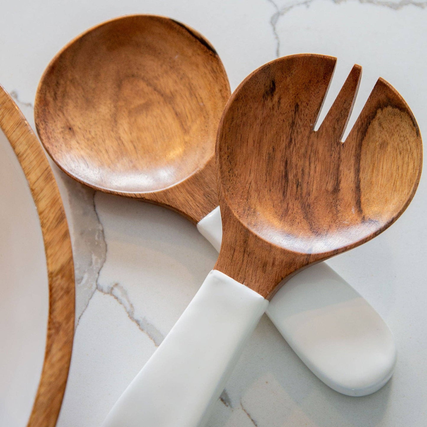 Wood & White Salad Bowl & Servers Set, Large