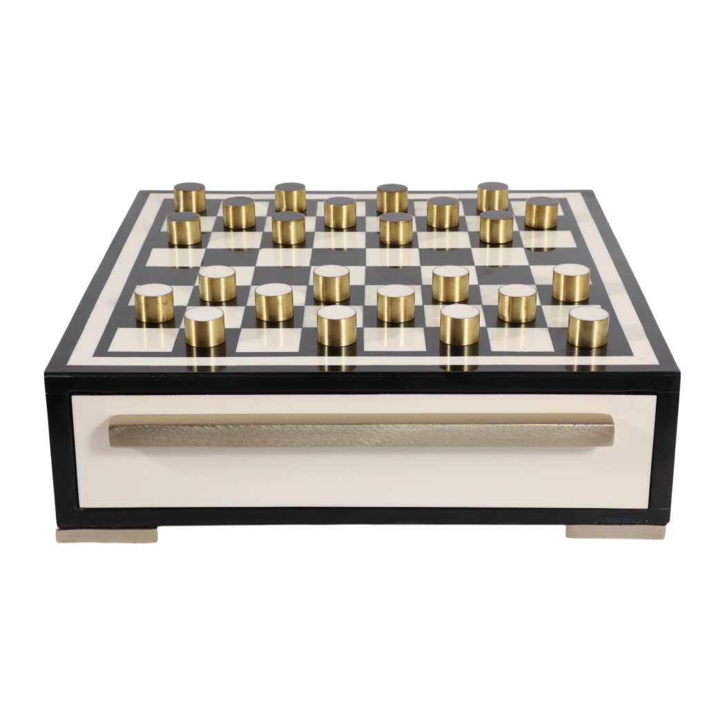 Game Set - Black/Ivory Resin Checkers with Drawer, 15 in.