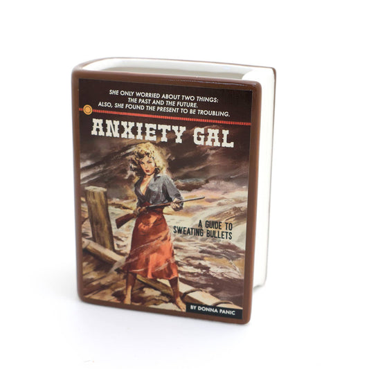 Anxiety Gal Book Vase, decoupaged, Book shaped pencil holder