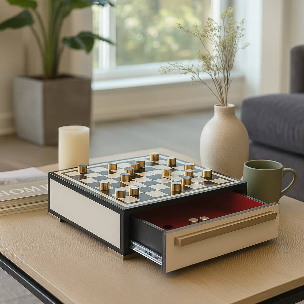 Game Set - Black/Ivory Resin Checkers with Drawer, 15 in.