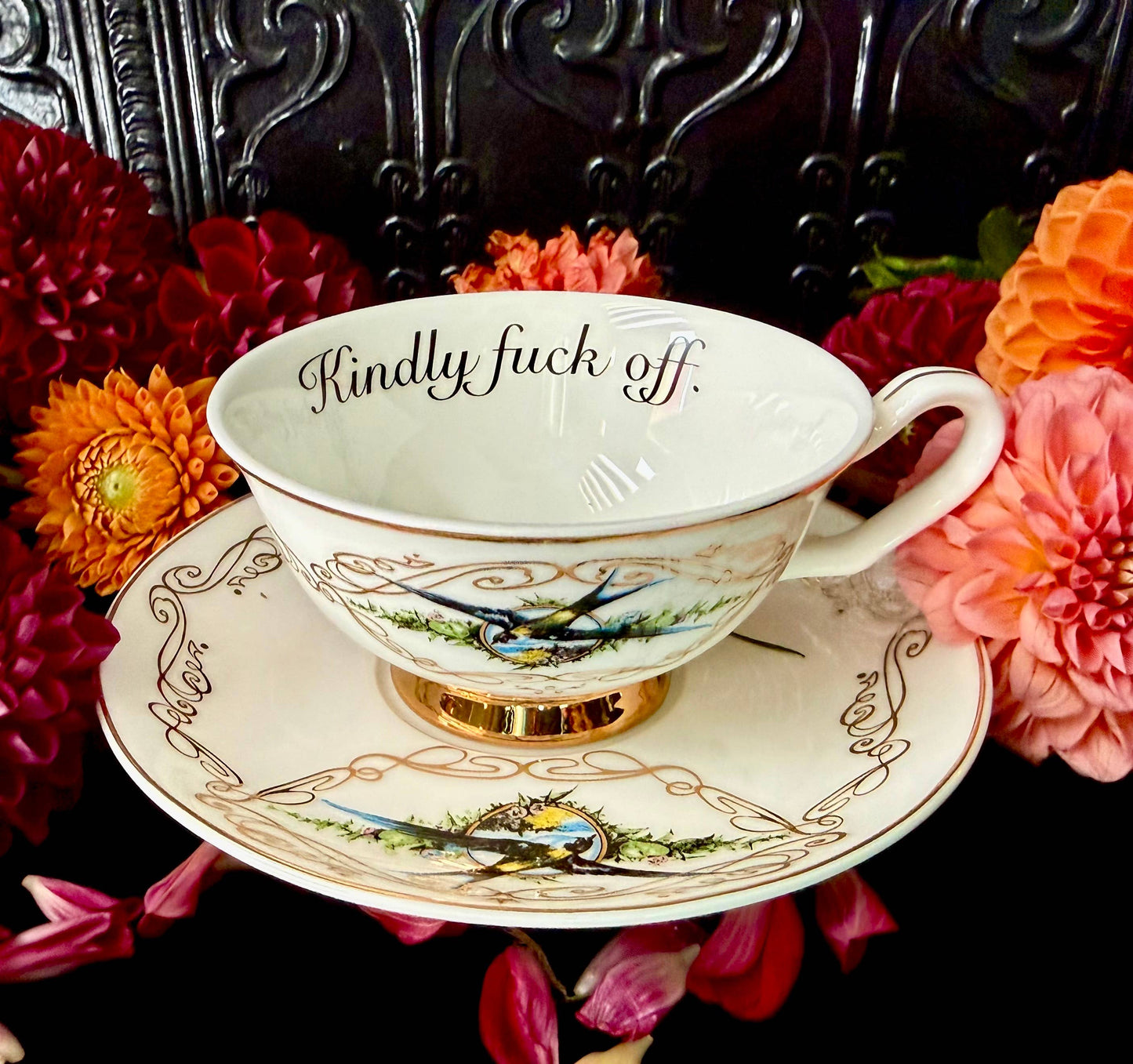 Ivory Kindly Fuck Off Bird Teacup and Saucer