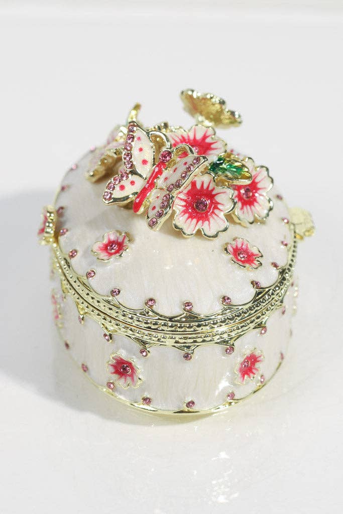 White Enamel Jewelry Box with Hot Pink Flowers and Butterfly