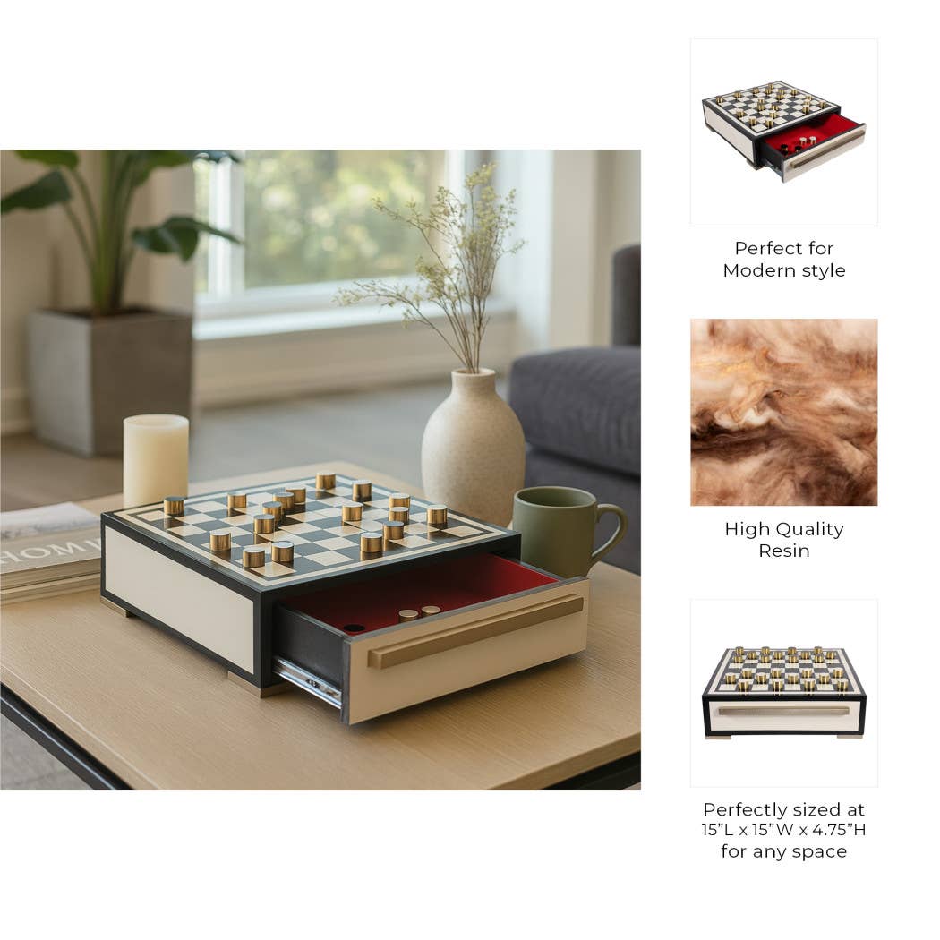 Game Set - Black/Ivory Resin Checkers with Drawer, 15 in.