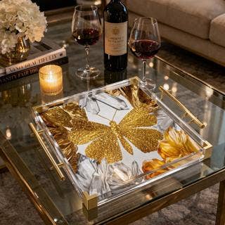Gold Butterfly Acrylic Serving Tray  Large square 12x12in