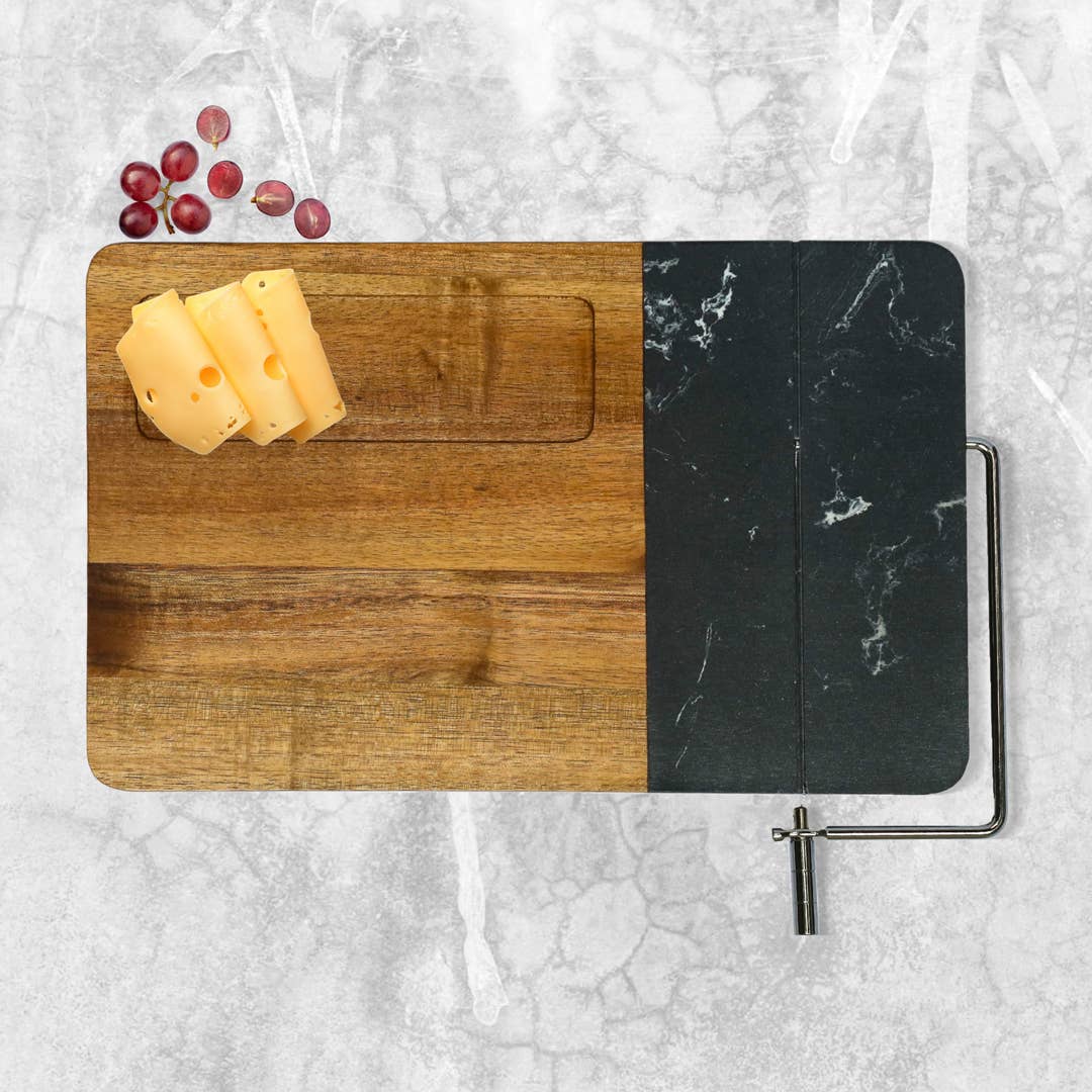Black Marble and Acacia Wood Cheese Board with Slicer