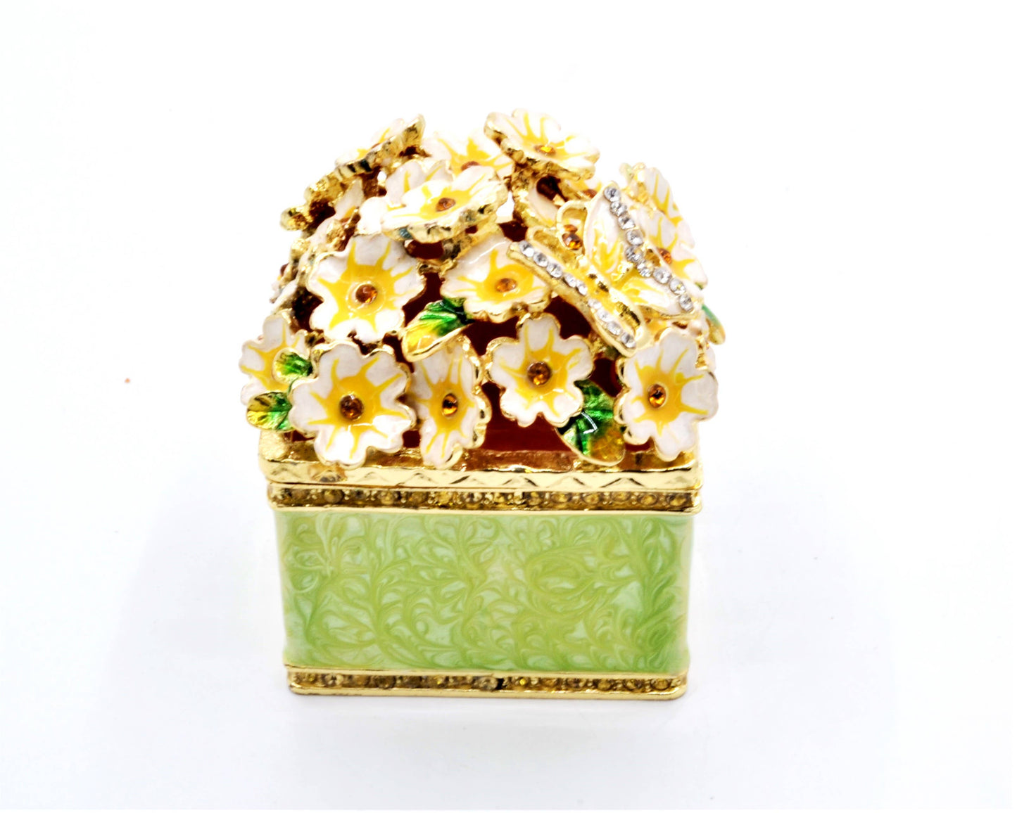 Jeweled Floral Trinket Box with Butterfly. Hand Crafted