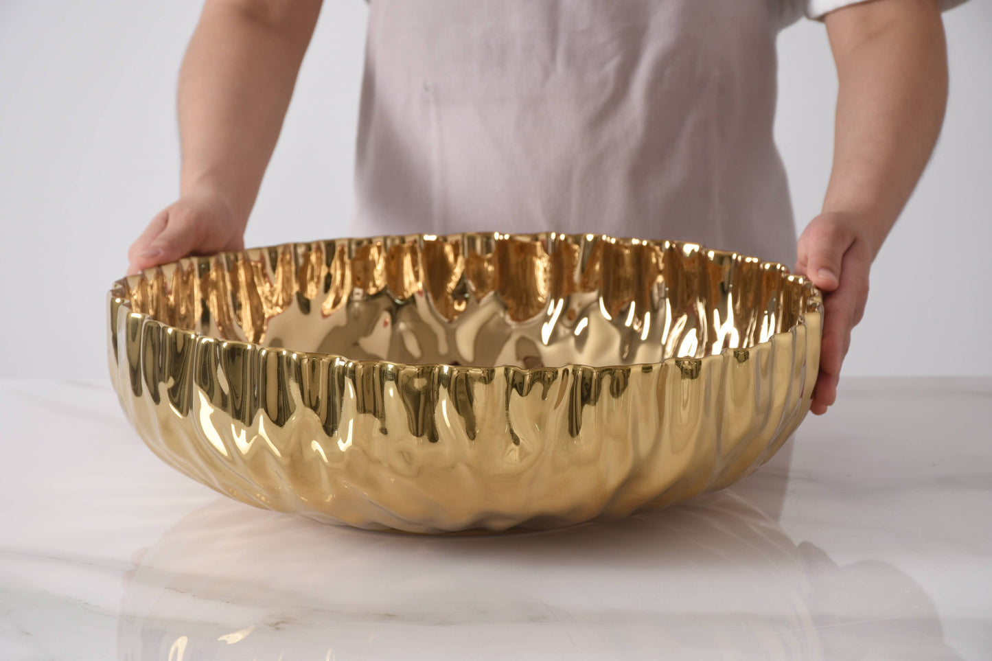 Extra Large Gold Shallow Bowl in Porcelain