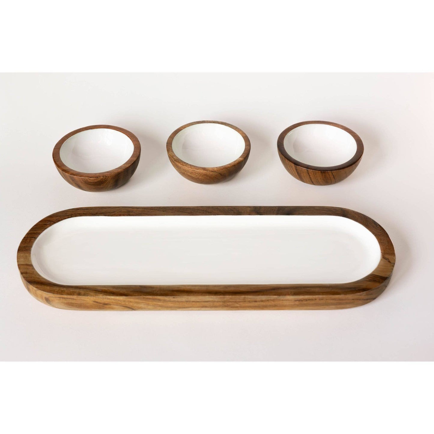 Wood + White Collection Acacia Wood 3 Dipping Bowls and Tray