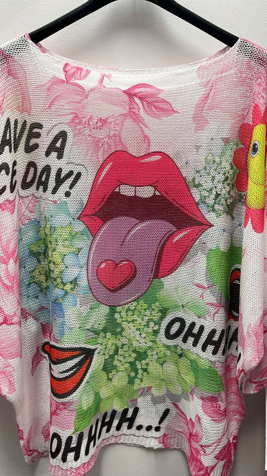 Pink Nice Day Round Neck Knit Printed Sweater