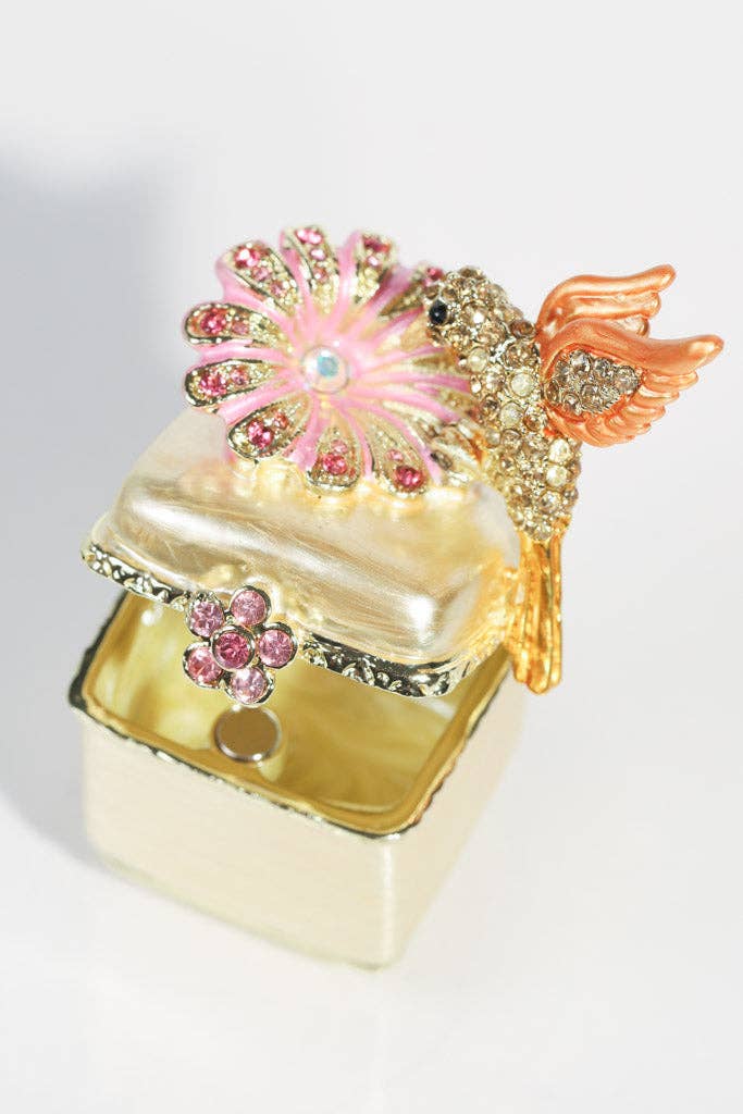 Mini Gold Enamel Ring Box with Hummingbird and Flower