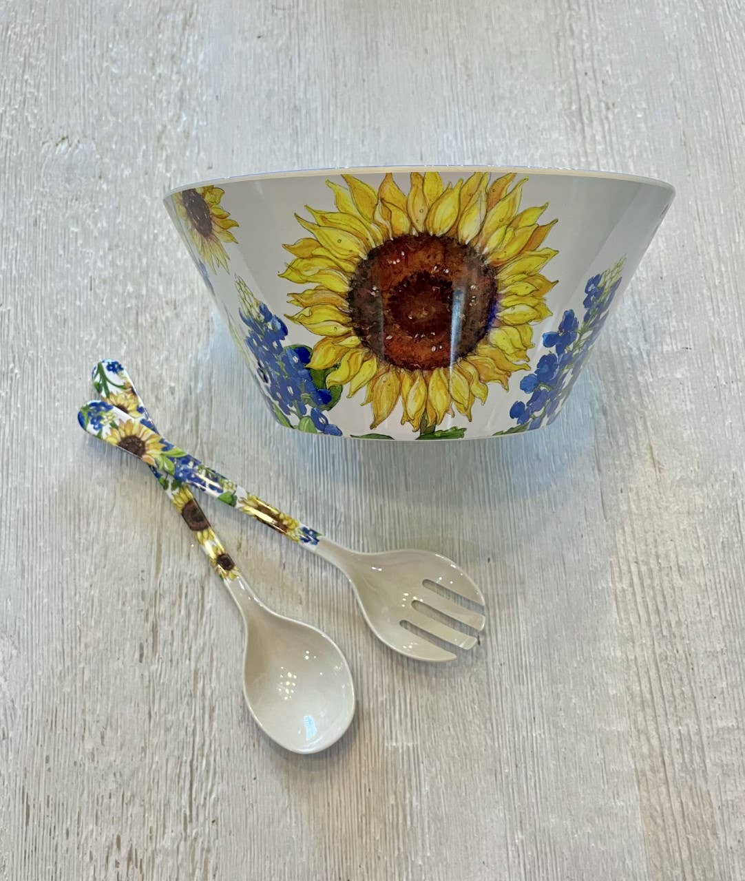 Sunflower & Bluebonnets Floral Bamboo Serving Salad Bowl and Servers