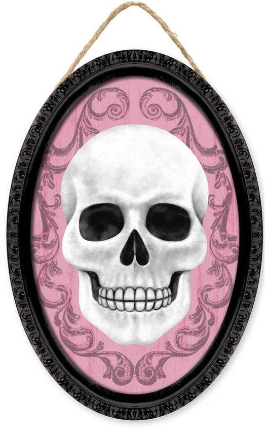 13"Hx9"L Framed Skull Oval Sign Black/White/Light Pink