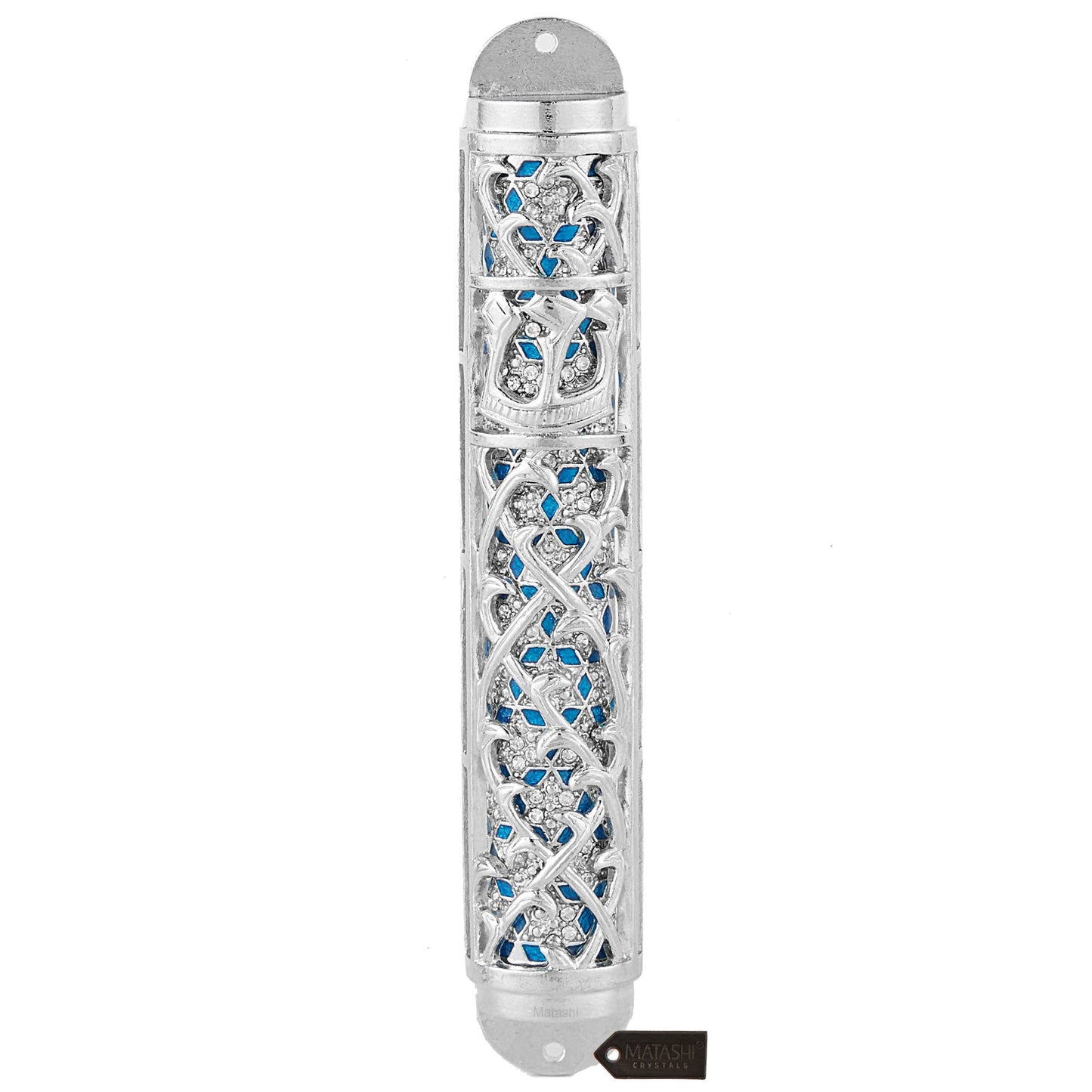 Hand Painted Blue and Silver Enamel 7'' Mezuzah with Crystals