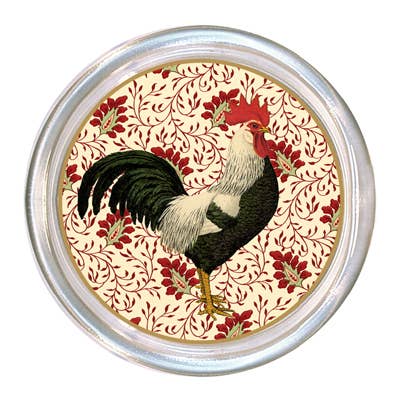 Black and White Rooster on Red Coaster