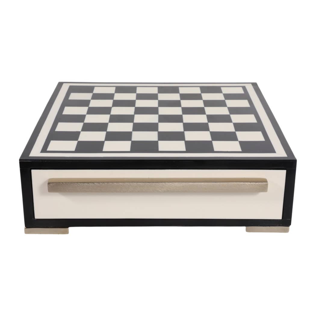 Game Set - Black/Ivory Resin Checkers with Drawer, 15 in.