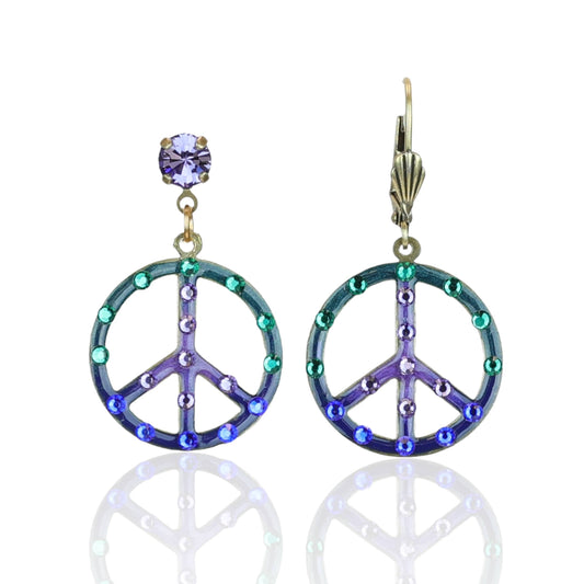 Blue Purple and Green Peace Sign Crystal Charm Earrings