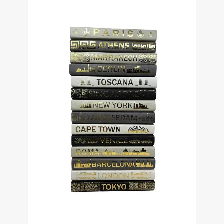 Gold Lettered Travel Destination & Design Covers on Taupe