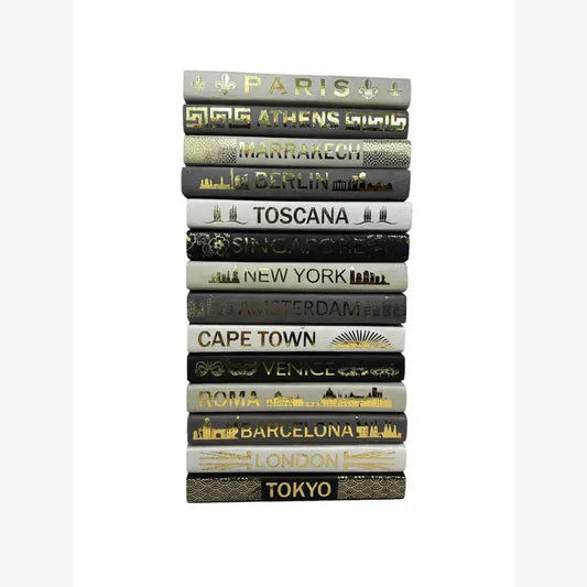 Gold Lettered Travel Destination & Design Covers on Taupe