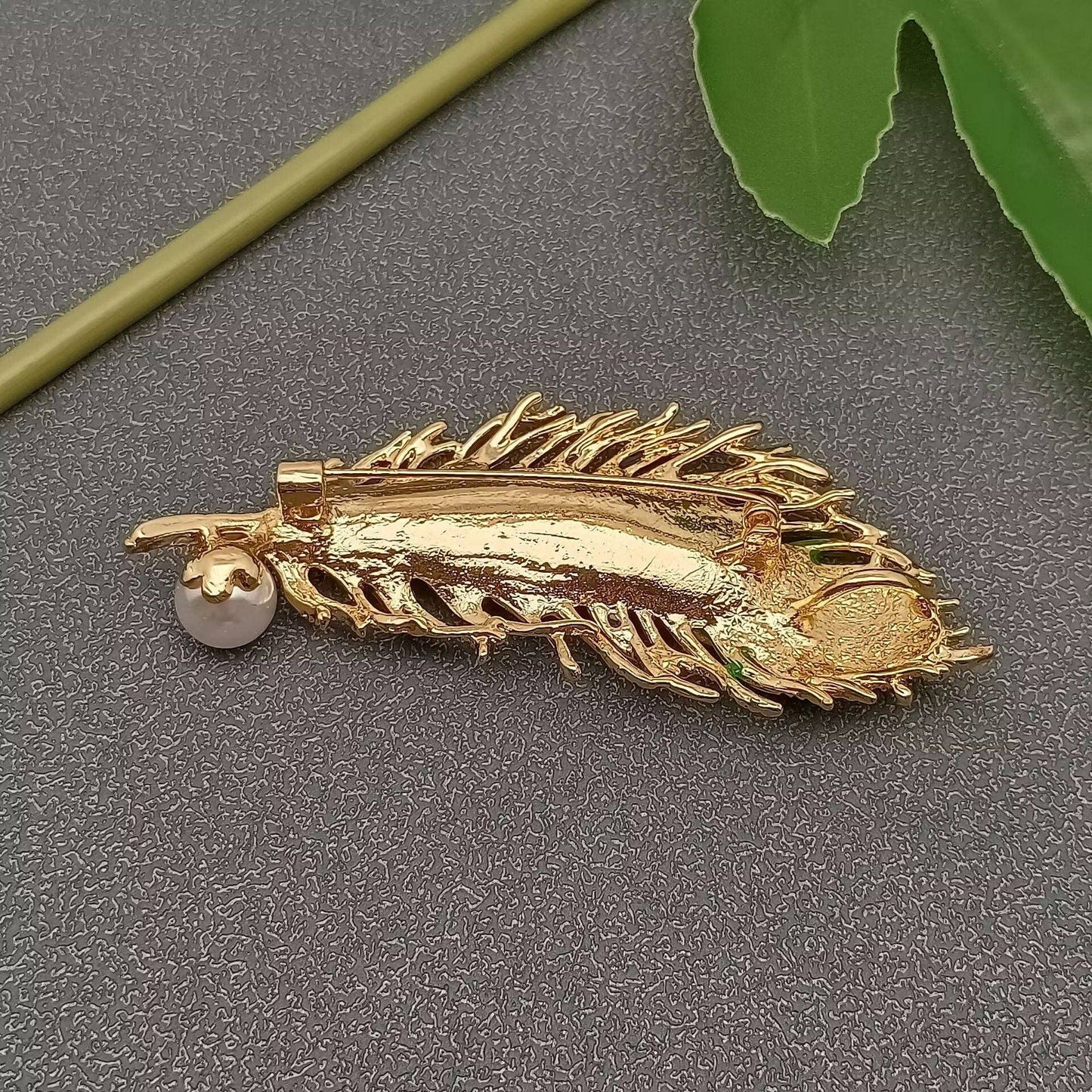 Inlaid Glass & Pearl Enamel Metal Feather Brooch