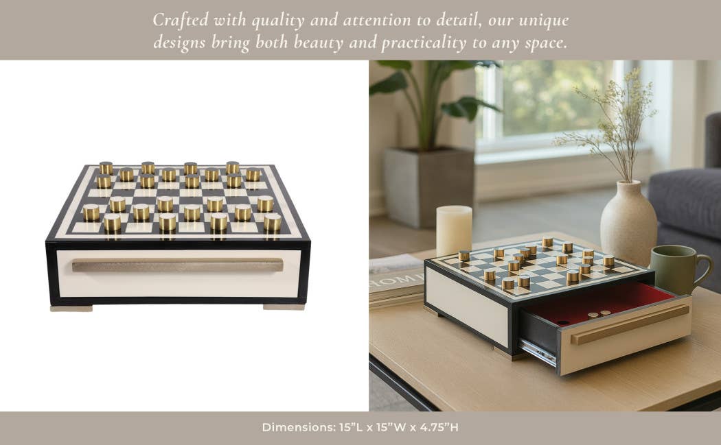 Game Set - Black/Ivory Resin Checkers with Drawer, 15 in.