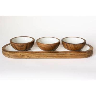 Wood + White Collection Acacia Wood 3 Dipping Bowls and Tray