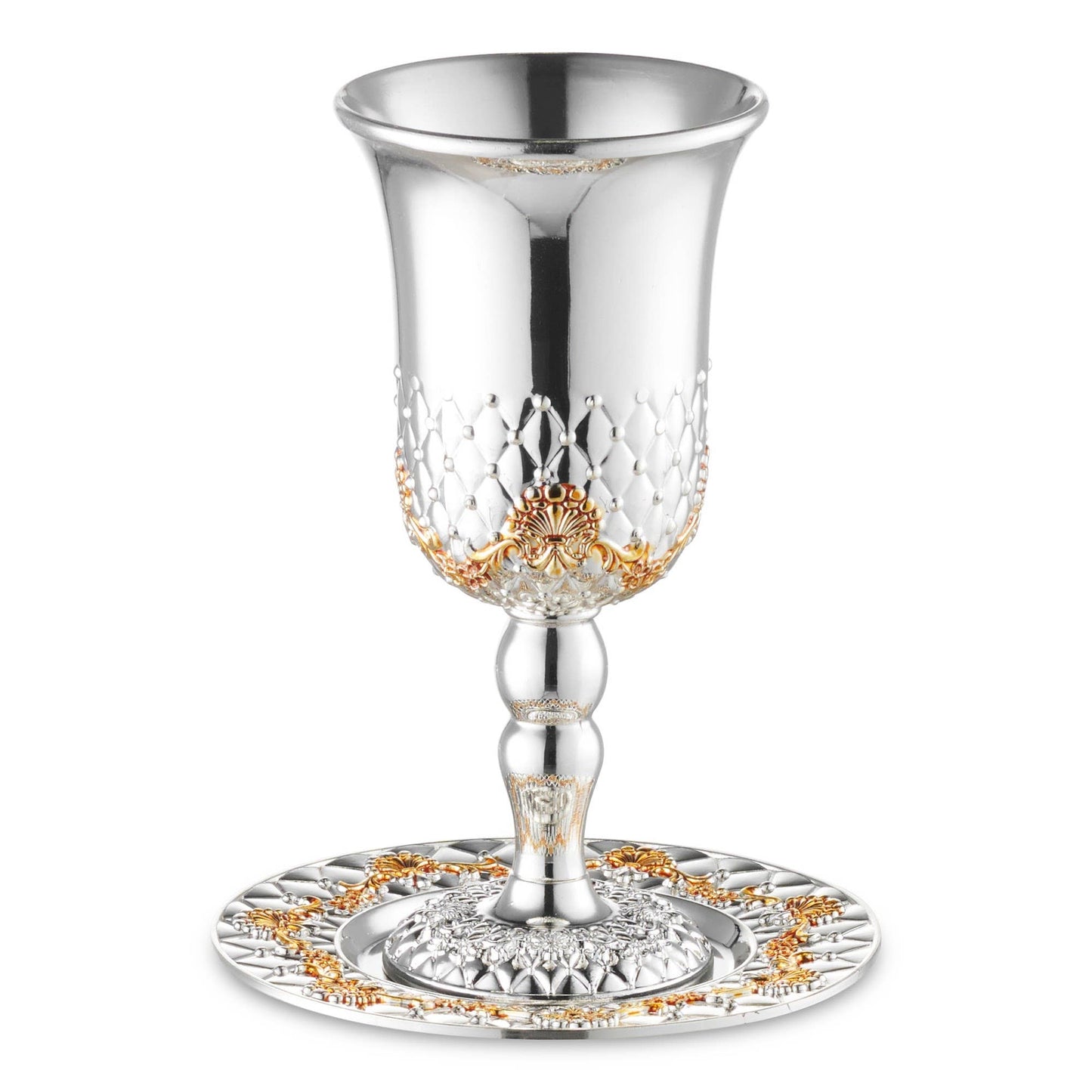 Kiddush Cup w/ Legs Set- Silver Plated w/ Gold Flowers