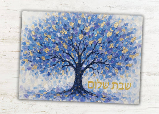 Impressionist Blue & Gold Tree of Life Challah Board
