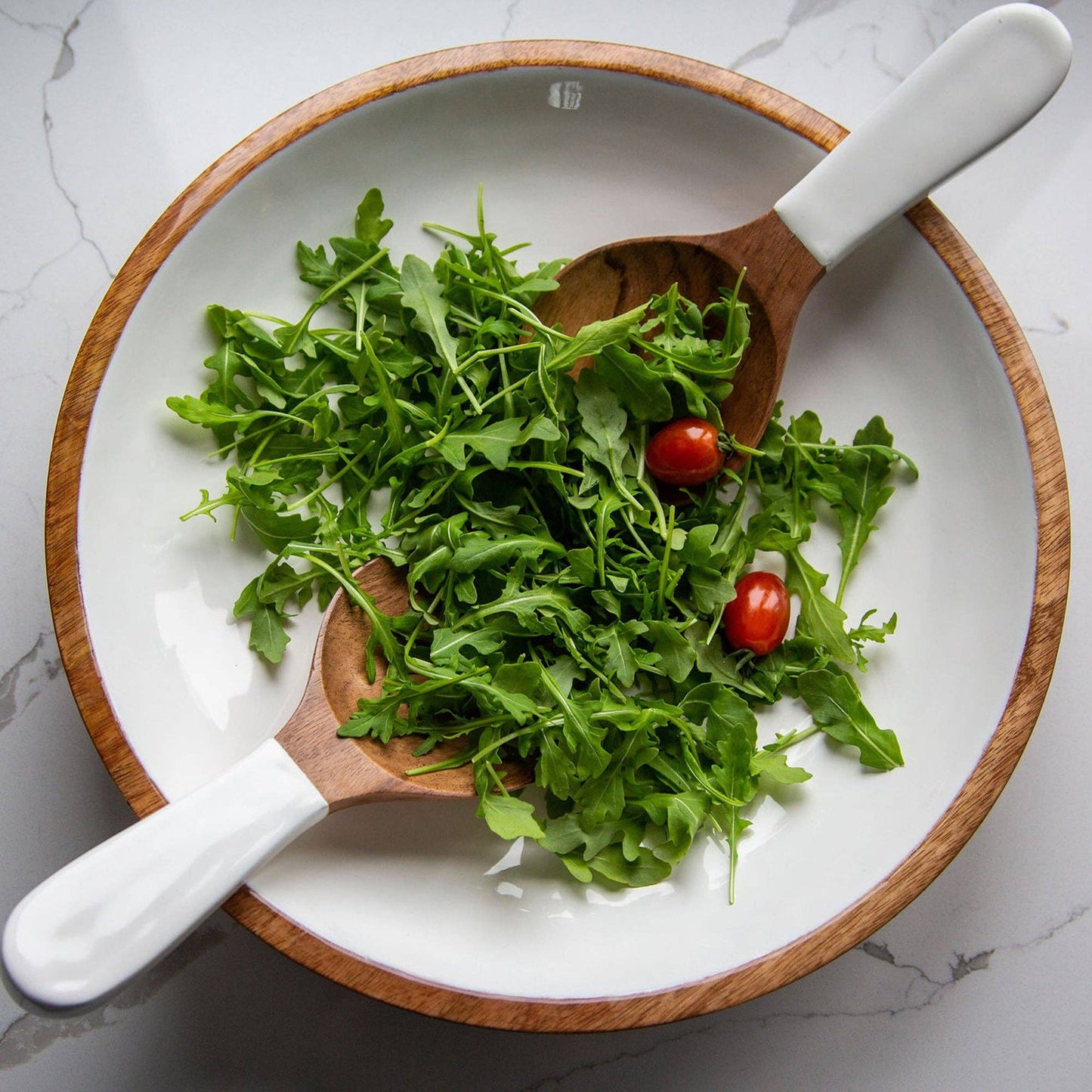 Wood & White Salad Bowl & Servers Set, Large