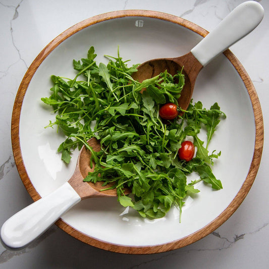 Wood & White Salad Bowl & Servers Set, Large