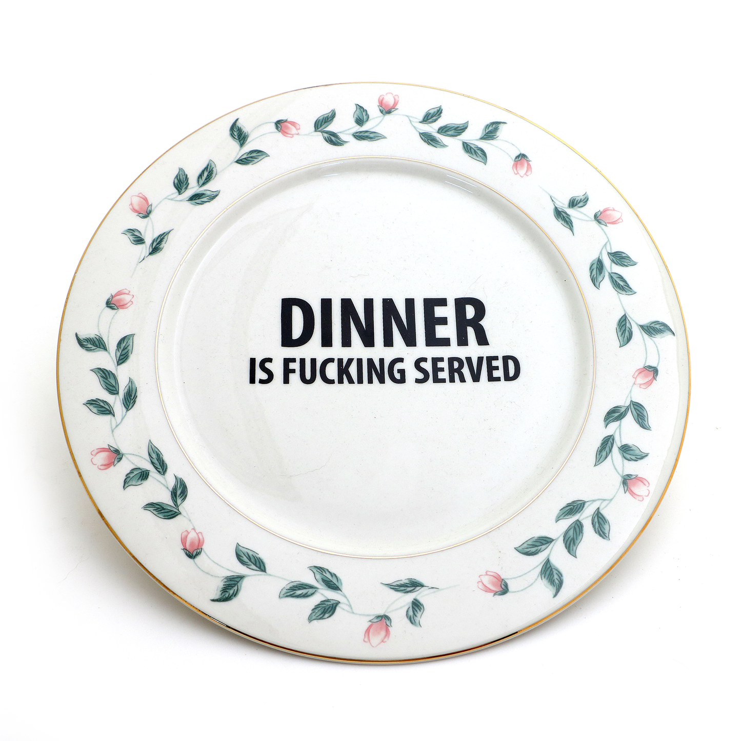 Dinner is F'n Served upcycled vintage plate- mature language