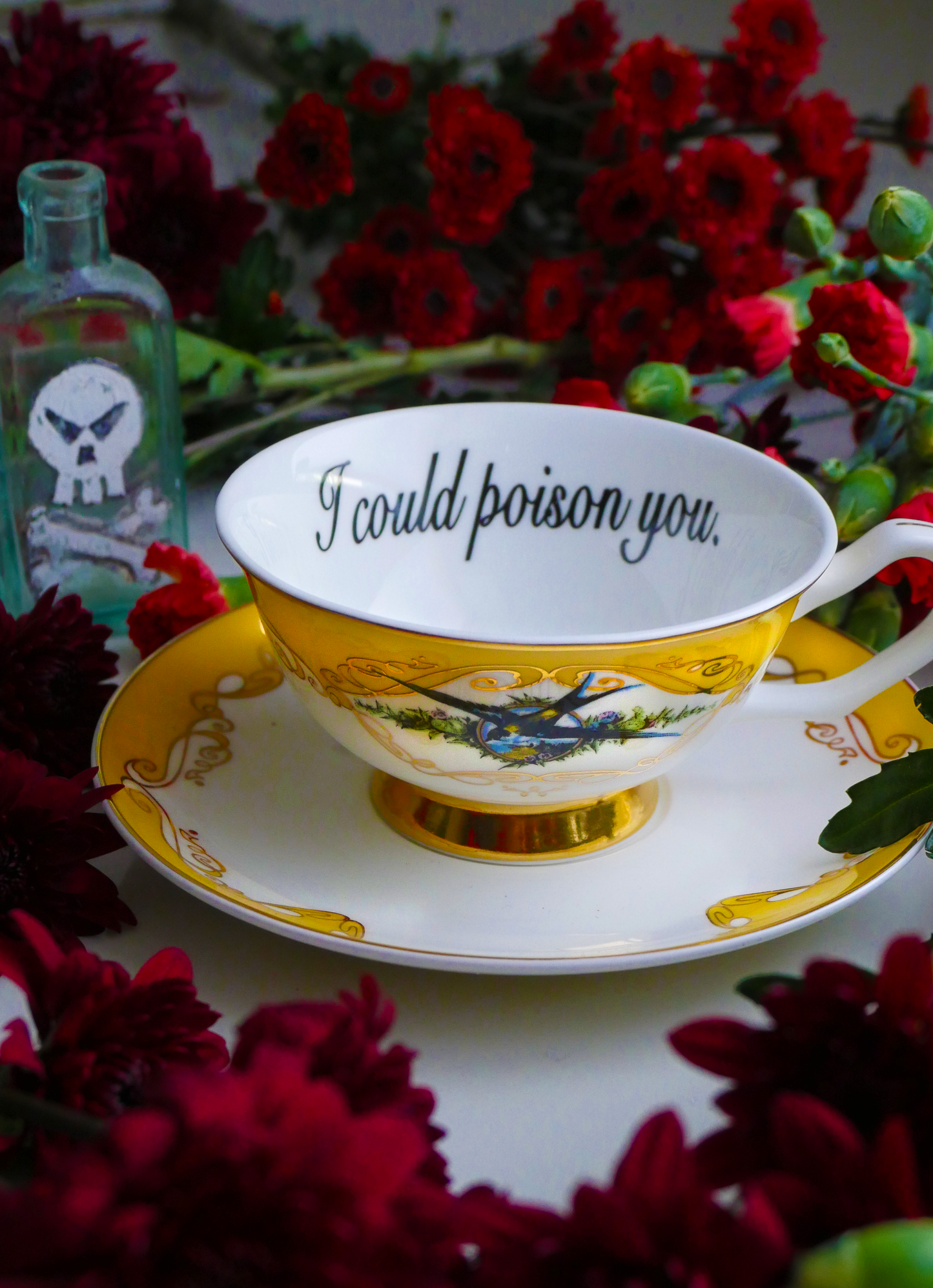 Yellow Bird Insult cup and saucer: I could poison you