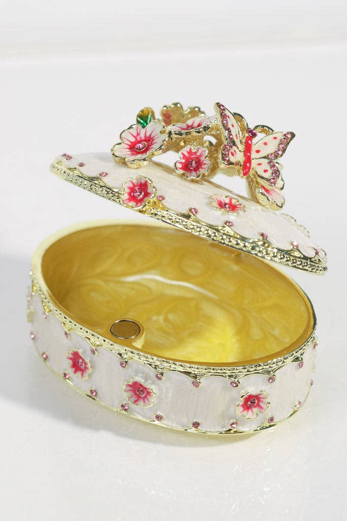 White Enamel Jewelry Box with Hot Pink Flowers and Butterfly