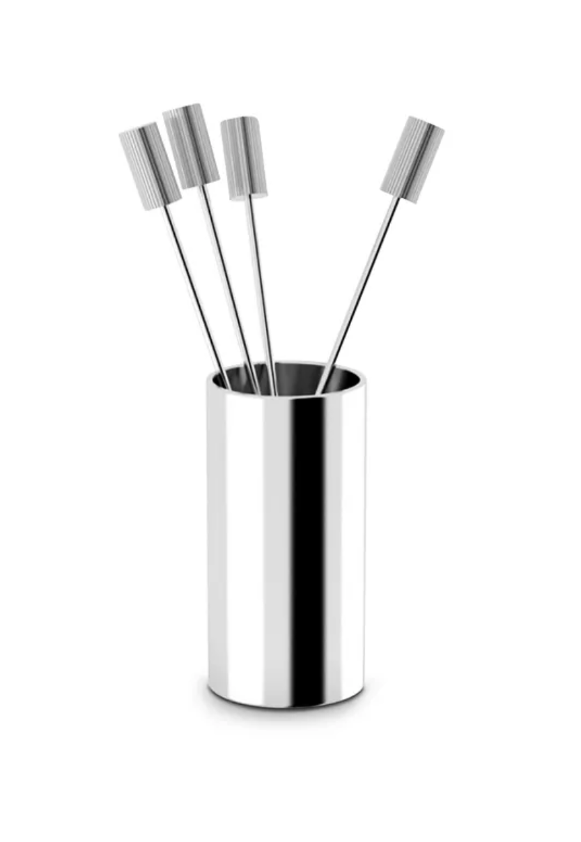 Striations Cocktail picks in silver holder, set of 4