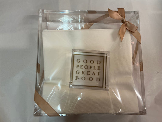 “Good People, Great Food”  Acrylic Dinner Napkin Hostess Set