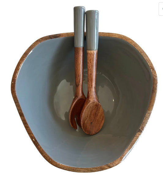 Mango Wood and Enamel Salad Bowl and Servers Set (Gray)