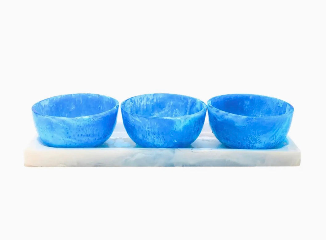 Blue Resin Serving Tray with 3 Appetizer Bowls