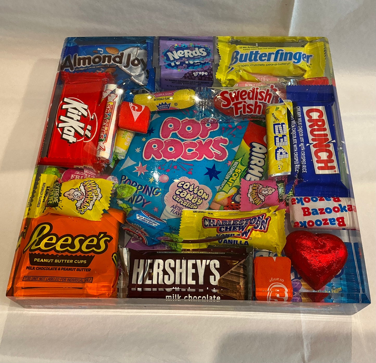 Handmade One-of-a-Kind Resin Block with Real Candy 8x8x2 in