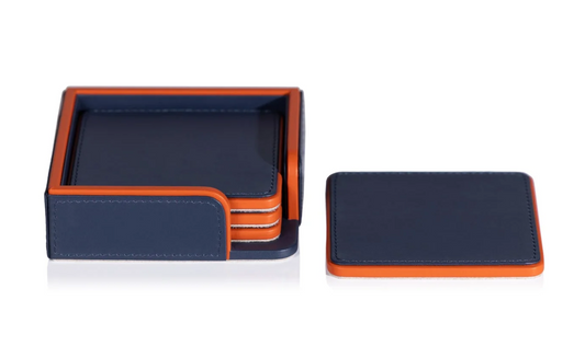 Nappa Leather 4 Piece Coaster Set on Tray, Navy & Orange