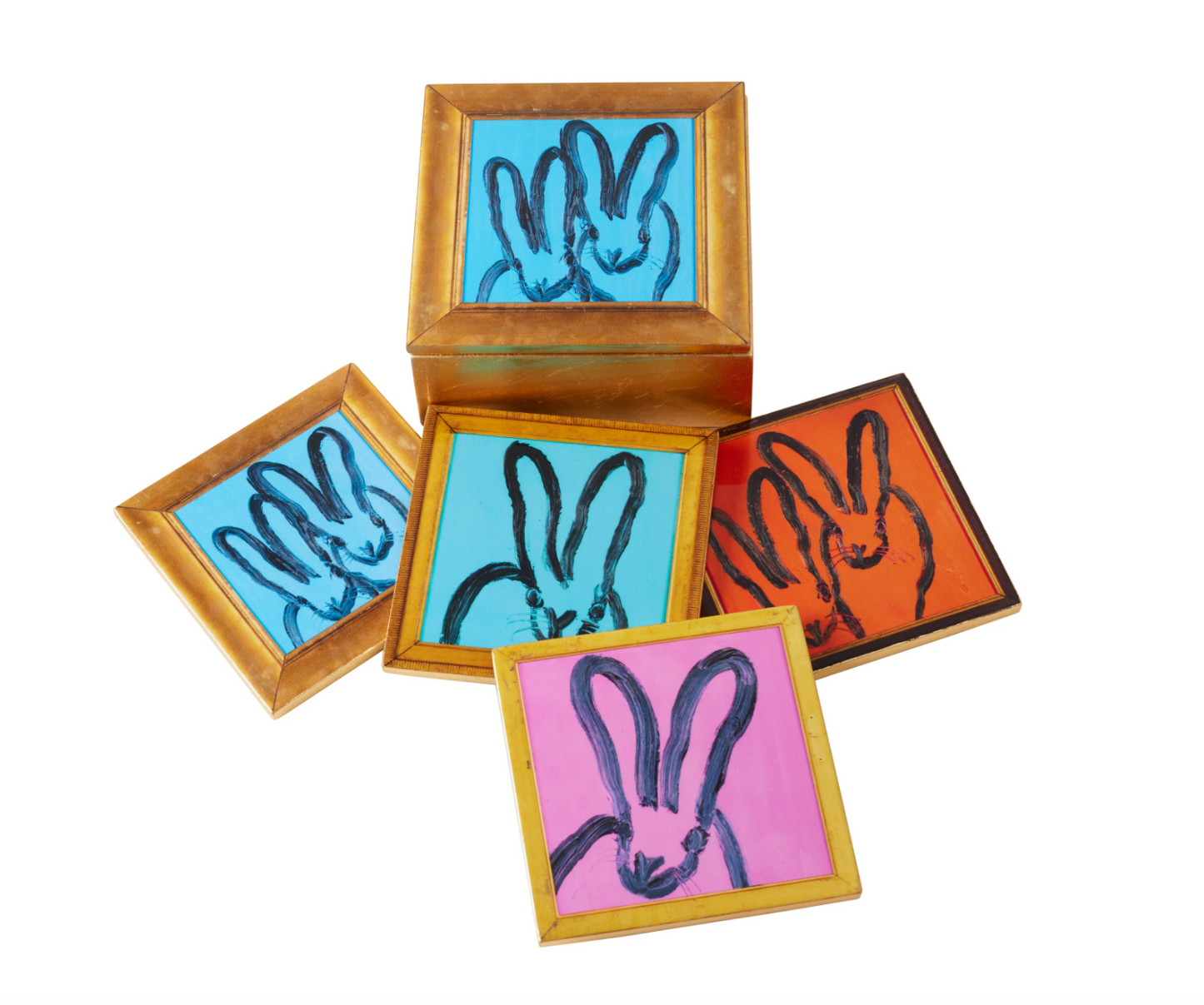 Framed Bunnies Gold Leaf & Lacquer Coaster Box with 4 Coasters