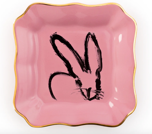 Bunny Portrait Plate with Hand-Painted Gold Rim - Pink
