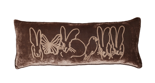 Hand Embroidered Velvet Menagerie Pillow, Mocha, 14 x 36
