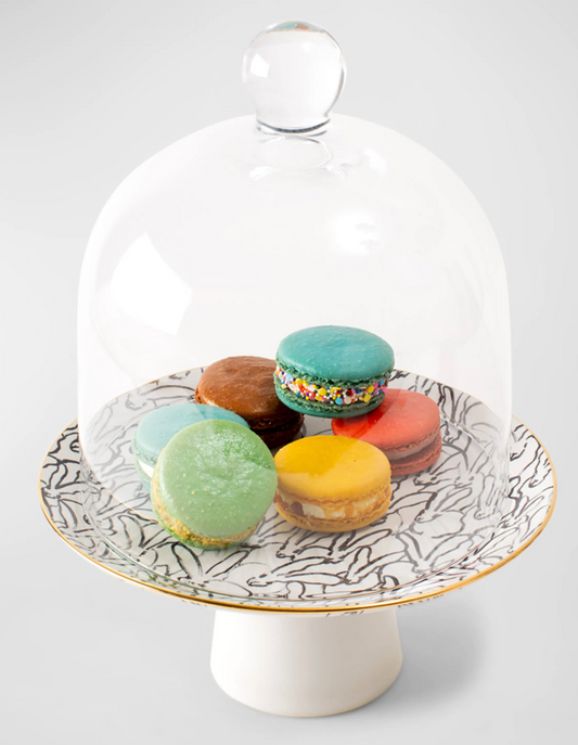 RABBIT RUN DESSERT STAND WITH GLASS DOME. by Hunt Slonem