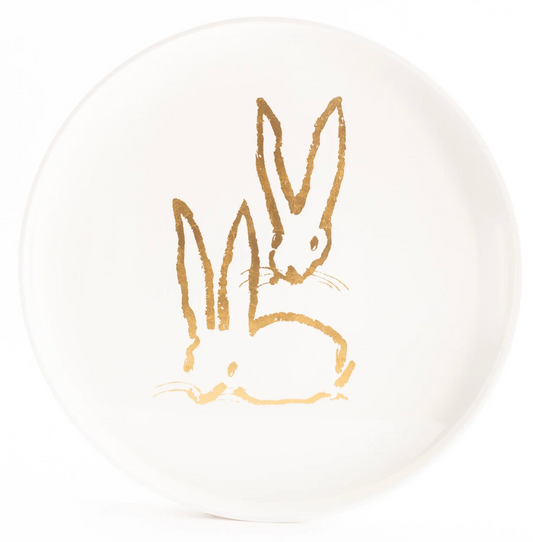 Royal Rabbit Round Tray with Gold Leaf Rabbits, White by Hunt Slonem